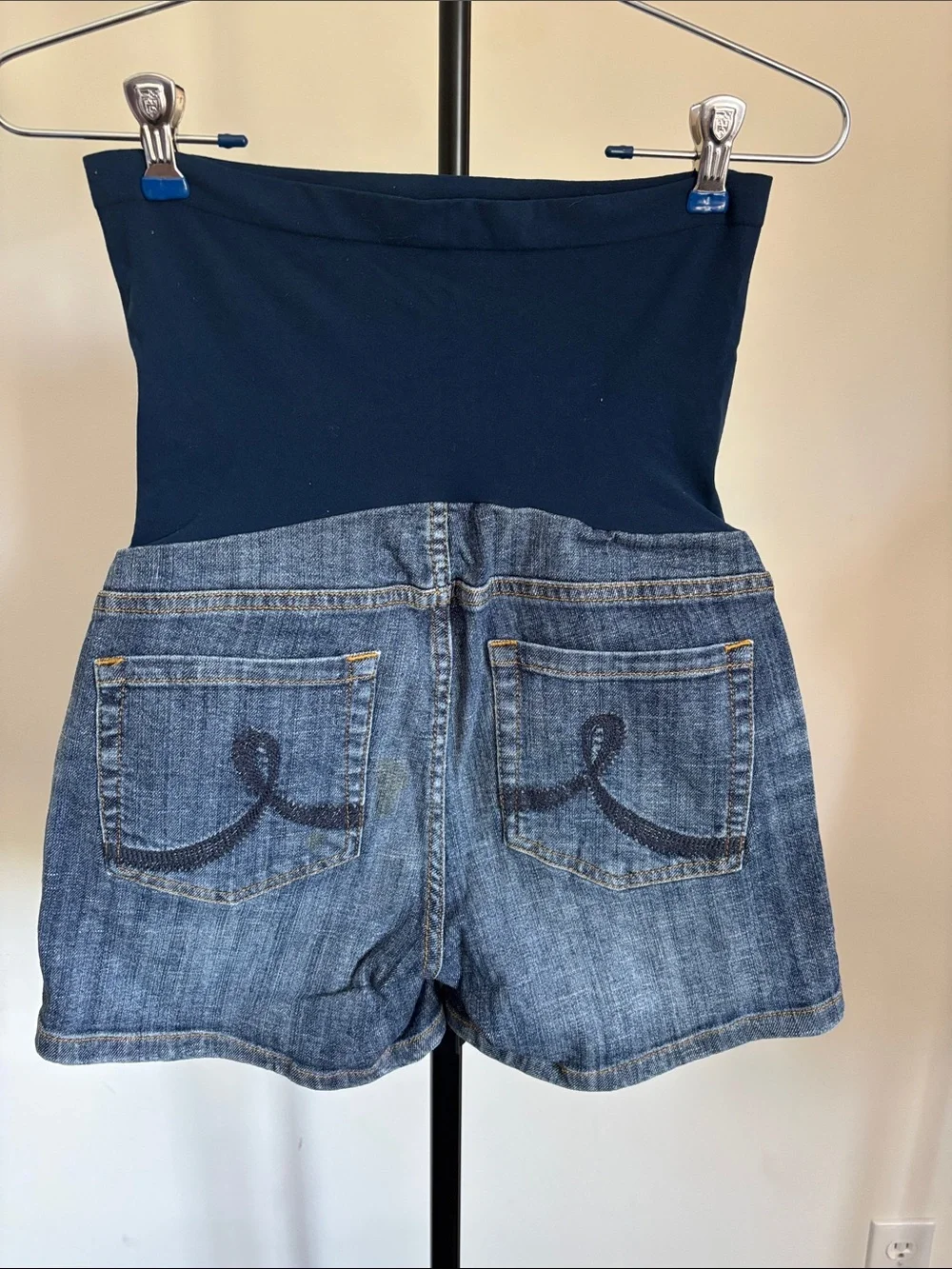 Navy & Blue Maternity Denim Shorts with Stretch Panel